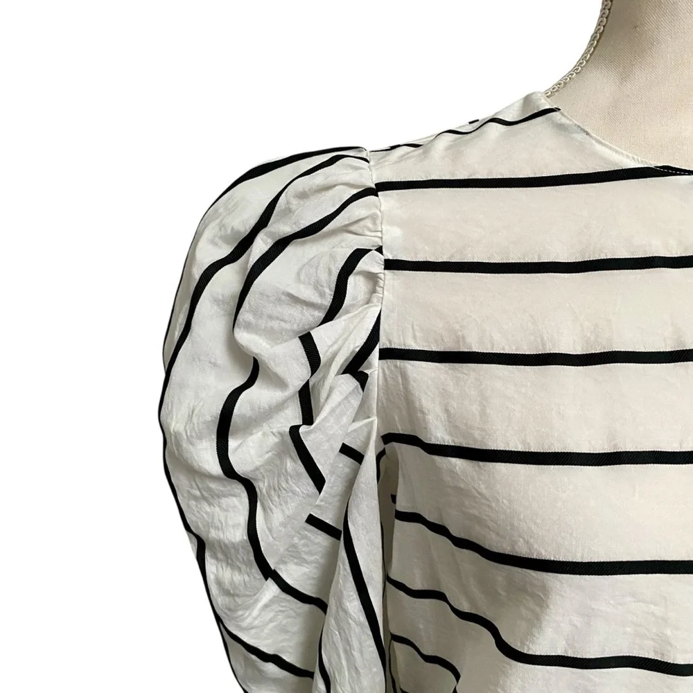 Zara Black White Striped Puff Sleeve Top XS Asymmetric Back